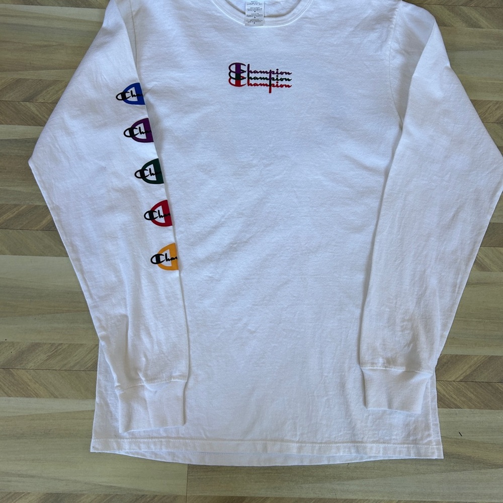 Champion Men's White Long Sleeve Tee with Multicolor Logo